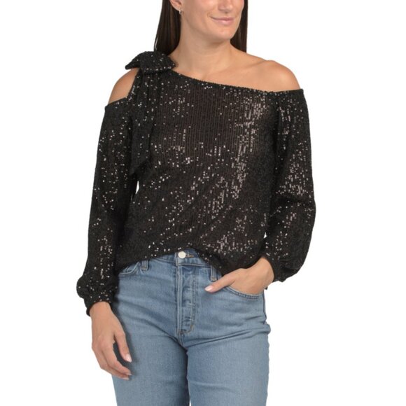 CECE Multi One Cold Shoulder Long Sleeve Top With Bow - Picture 1 of 2